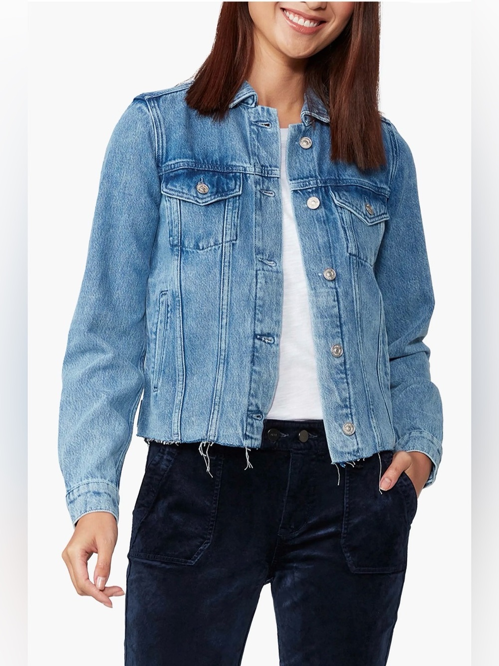 PAIGE Light Blue Denim  Rowan Jacket with Raw Hem pearl blue Sz XS